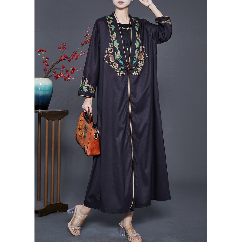 Vintage Black Embroidered Chinese Button Silk Two Pieces Set Spring
