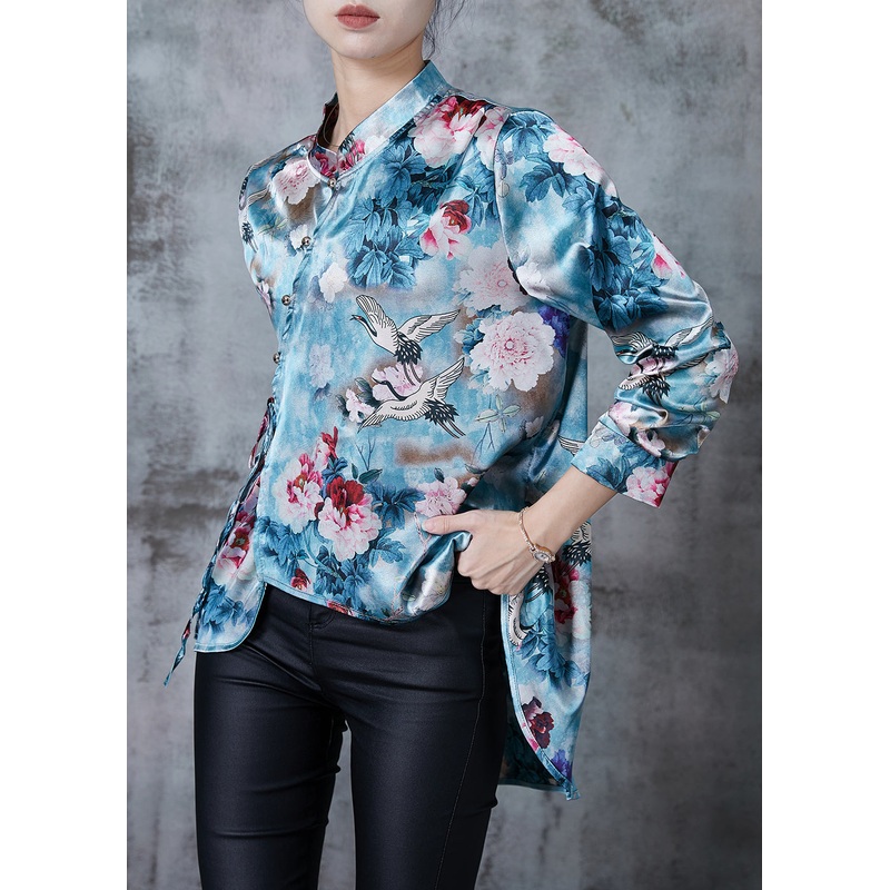 Vintage Blue Asymmetrical Print Silk Oriental Shirt Spring