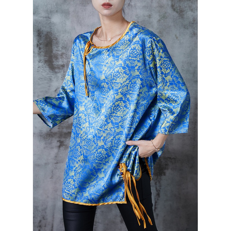 Vintage Blue Tasseled Print Silk Blouses Bracelet Sleeve