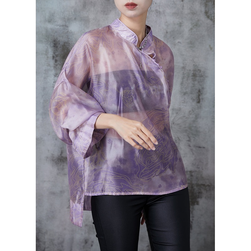 Vintage Purple Print Low High Design Silk Blouses Summer