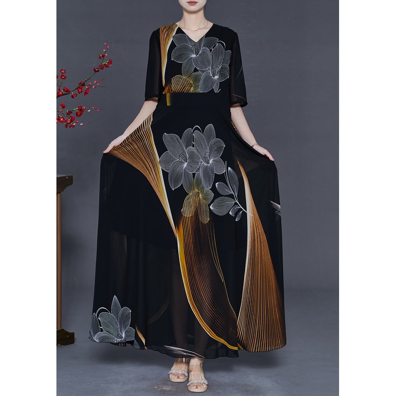 Women Black Print Chiffon Party Dresses Summer