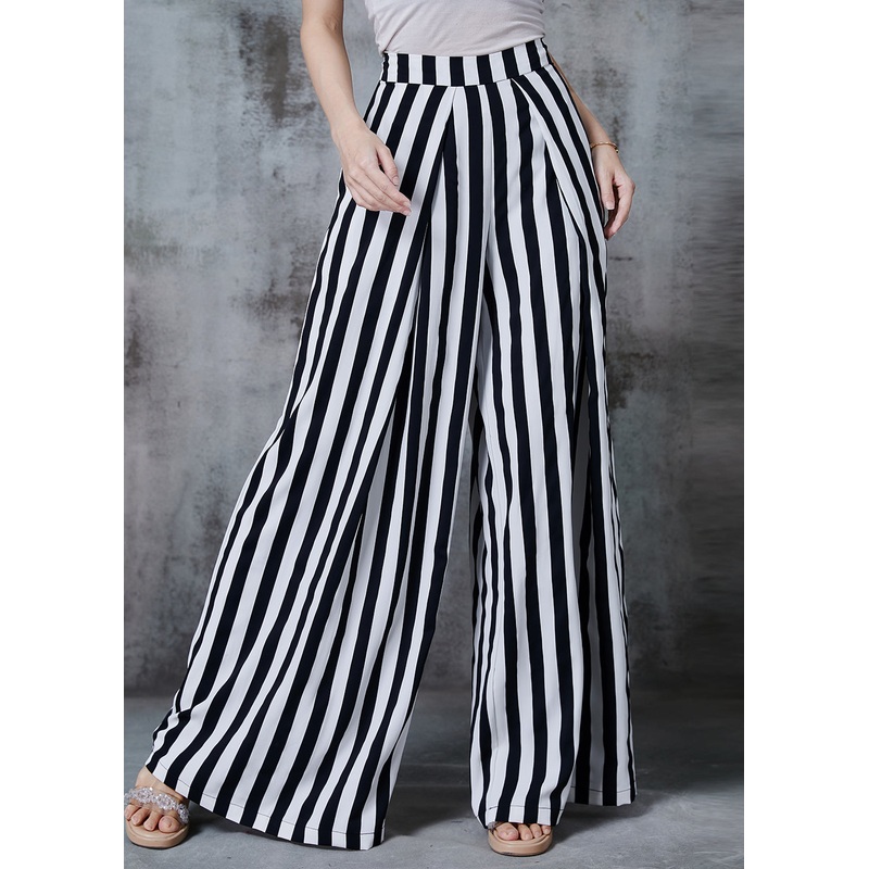 Women Black Striped Chiffon Wide Leg Pants Spring