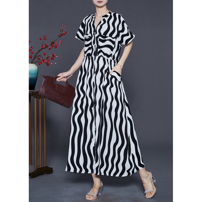 Women Black V Neck Striped Chiffon Dress Summer