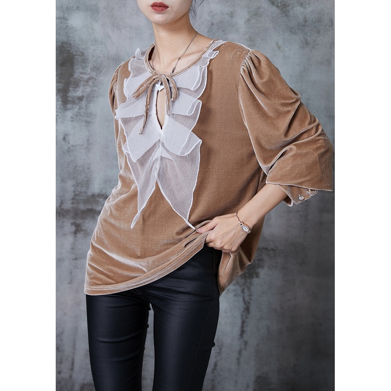 Women Nude Oversized Patchwork Silk Velour Shirts Spring