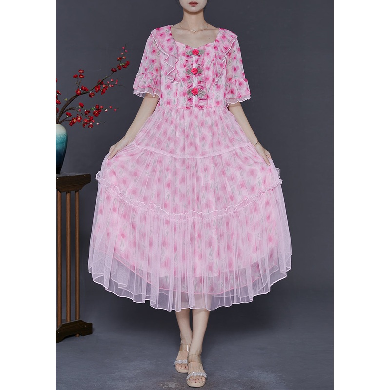 Women Pink Ruffled Floral Chiffon Dresses Summer