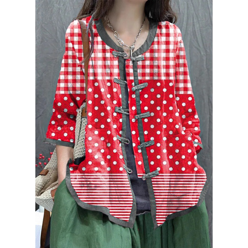 Women Red grid print Chinese Button Cotton Shirt Top Summer