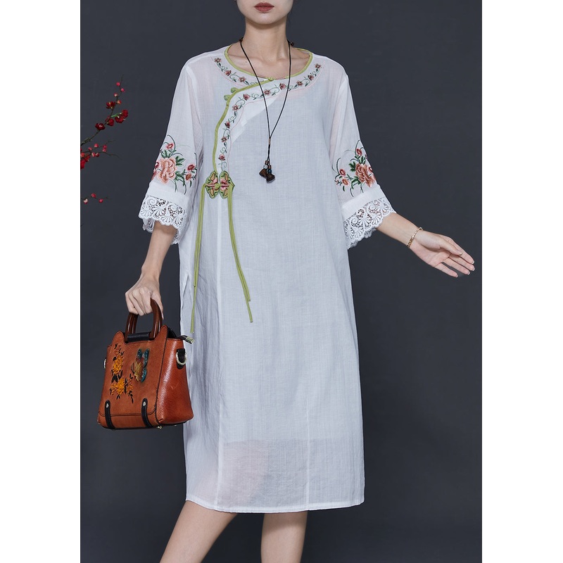 Women White Embroidered Patchwork Linen Oriental Dresses Summer