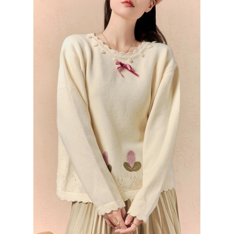 Art Beige O Neck Hollow Out Knit Sweaters Winter