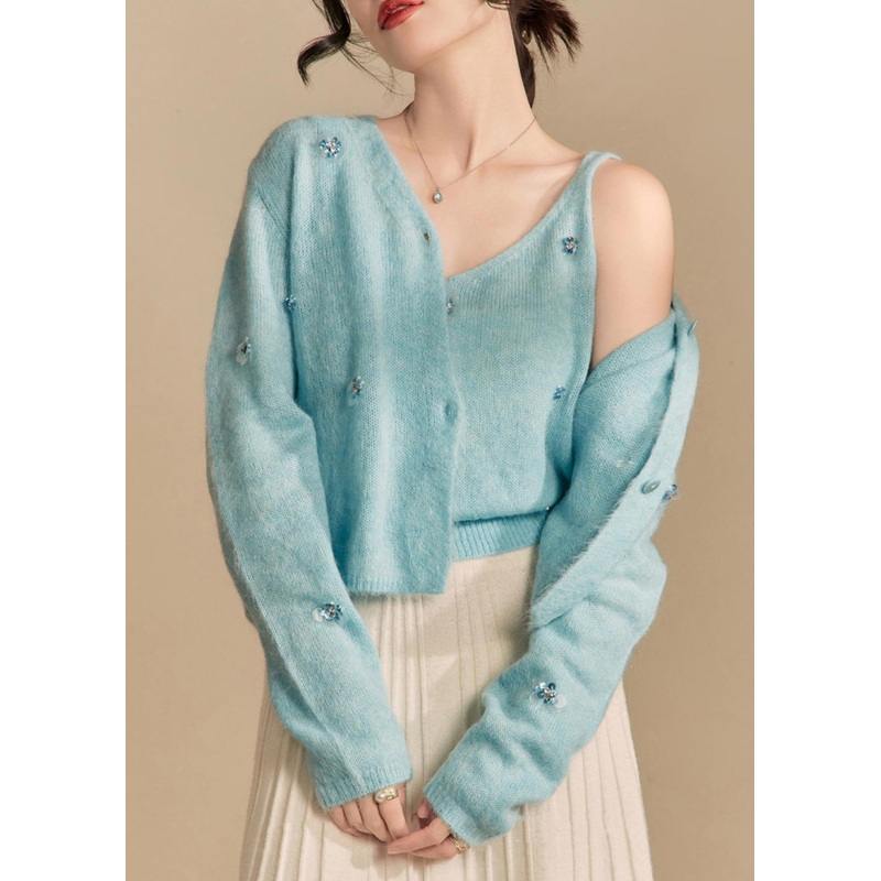 Art Blue Button Cardigans And Tank Knit Two Piece Set Spring
