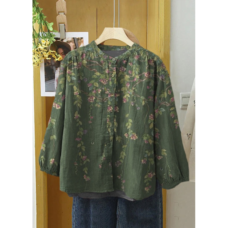 Beautiful Green Flowers Embroideried Button Cotton Blouse Long Sleeve