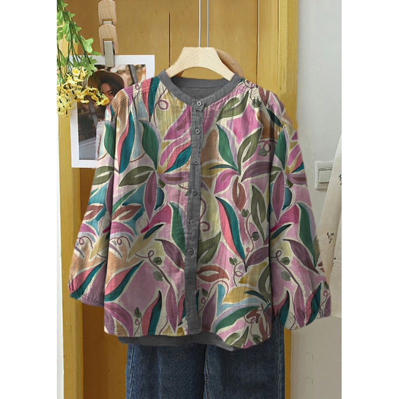 Beautiful Red Flowers Embroideried Button Cotton Blouse Long Sleeve