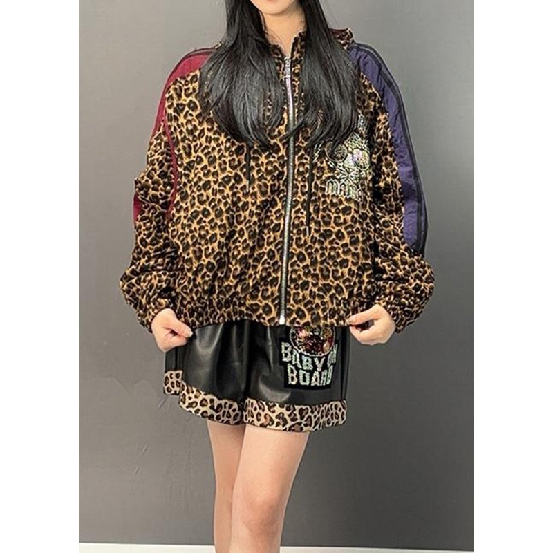 Casual Leopard Patchwork Zippered Hoodies Coats Spring