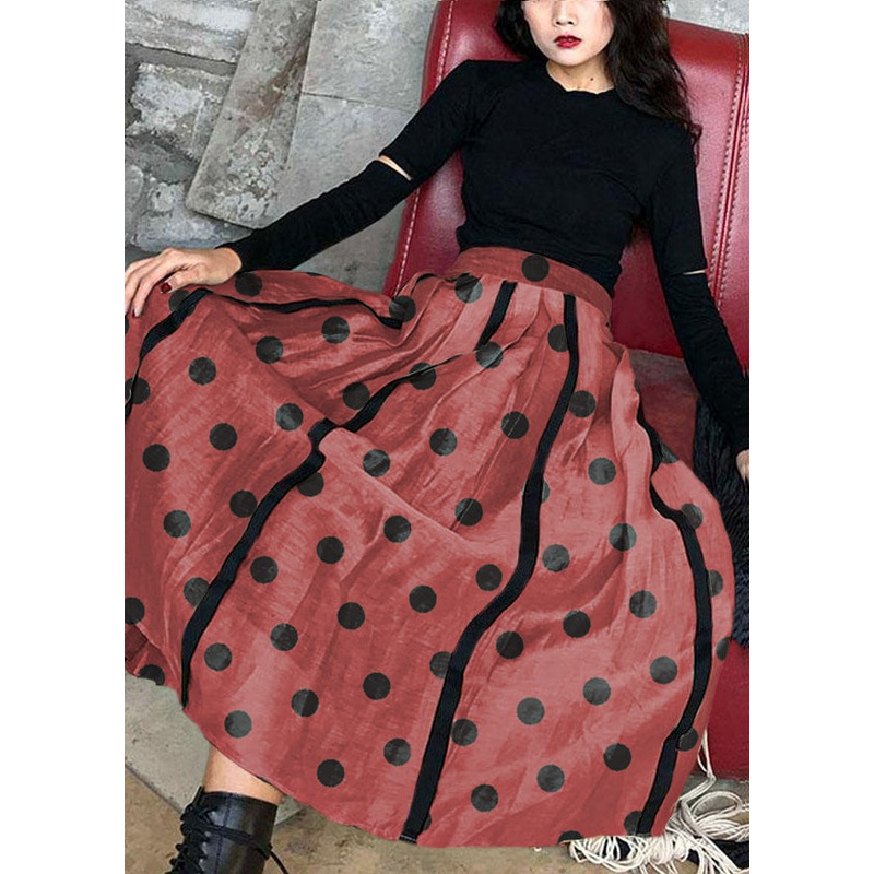 Comfy Brown polka dots Patchwork Summer Skirt Cotton Linen