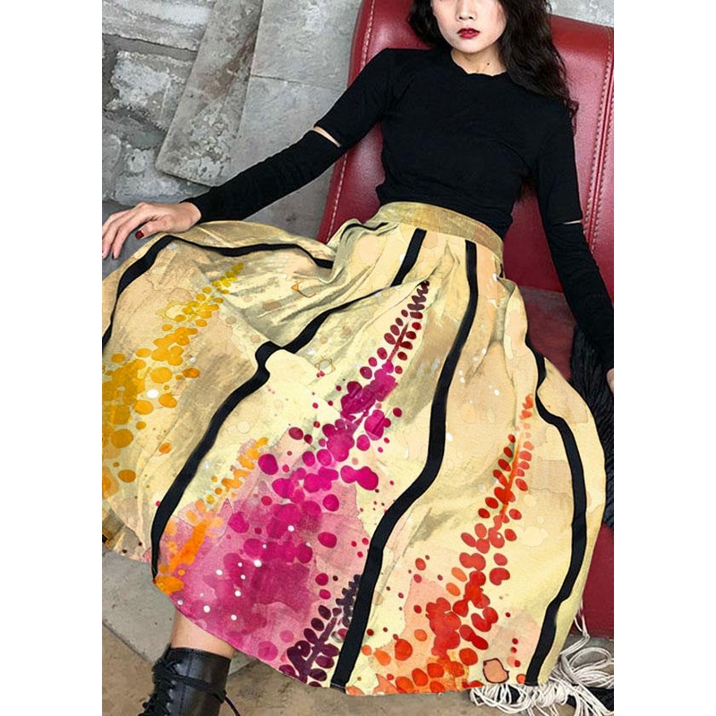 Comfy Yellow flowers Patchwork Summer Skirt Cotton Linen