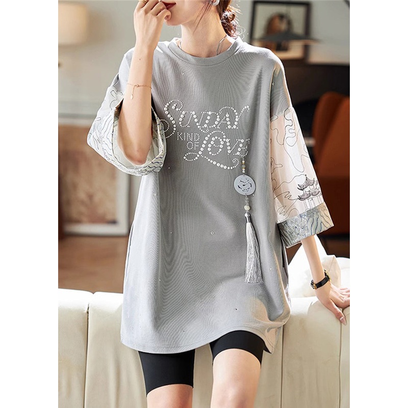 Handmade Grey Tasseled Pockets Patchwork Cotton T Shirts Bracelet Sleeve