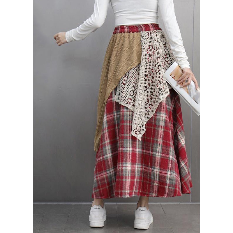 Original Design Red Plaid Elastic Waist Patchwork Maxi Skirt Spring
