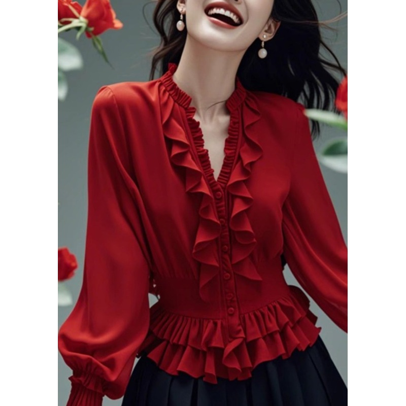 Stylish Red V Neck Ruffled Button Cotton Blouses Spring