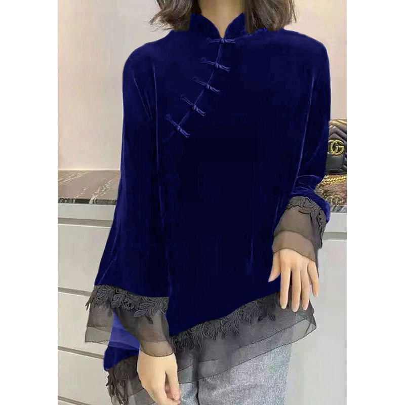Vintage Blue Stand Collar Asymmetrical Patchwork Velour Shirt Spring