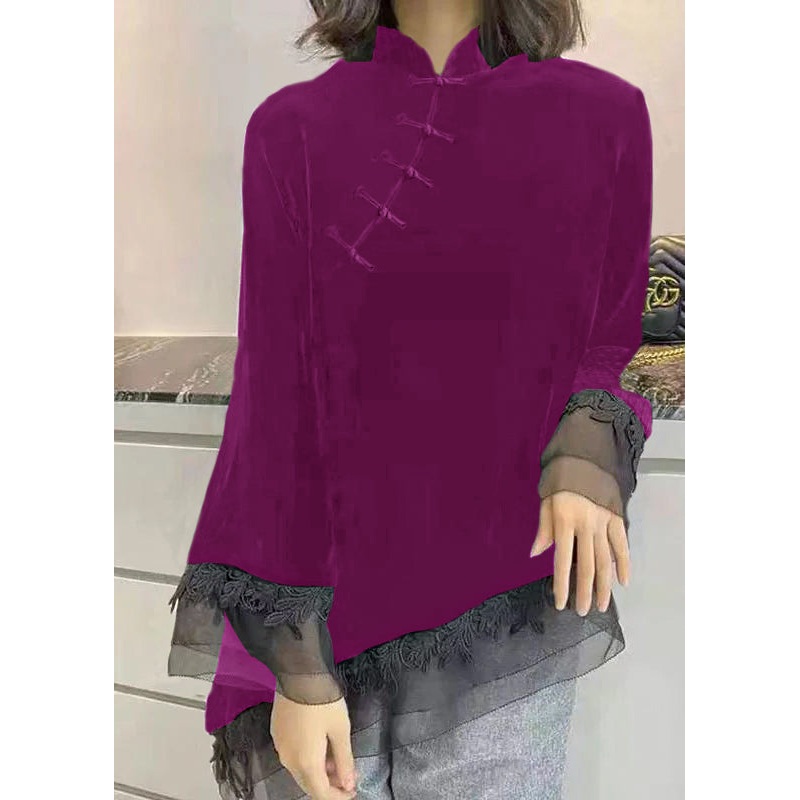 Vintage Purple Stand Collar Asymmetrical Patchwork Velour Shirt Spring