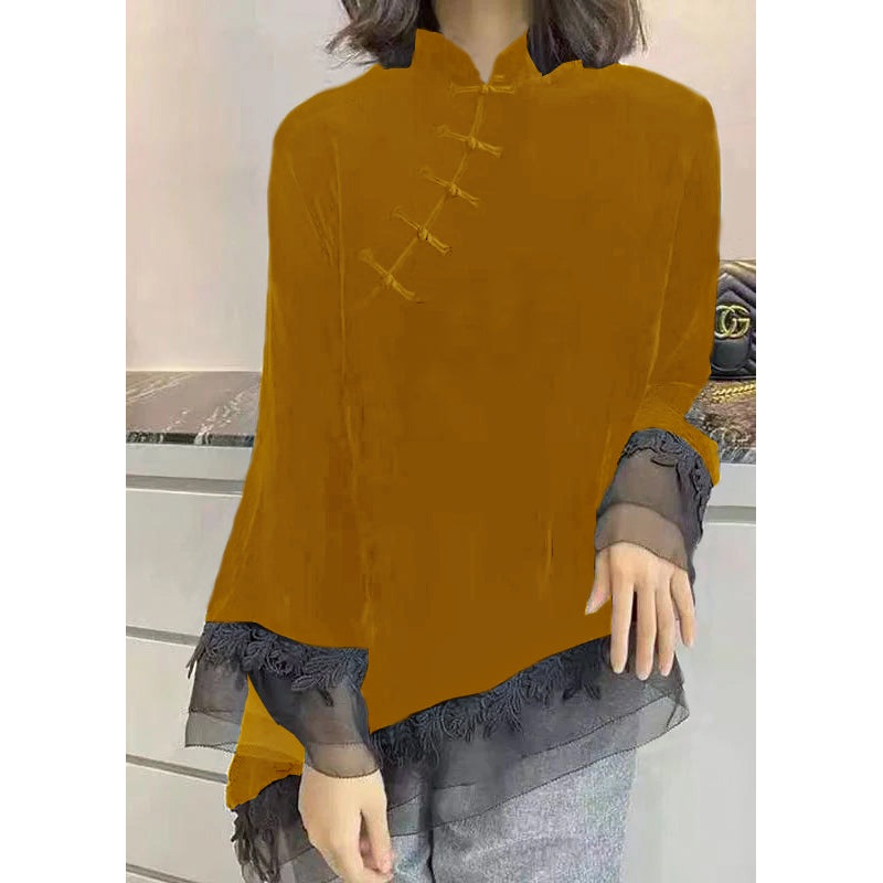 Vintage Yellow Stand Collar Asymmetrical Patchwork Velour Shirt Spring