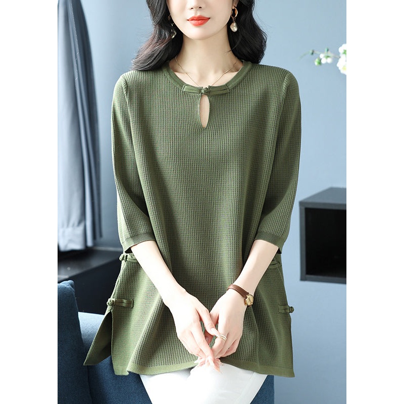 Women Green O Neck Oriental Button Ice Silk Knit Top Spring