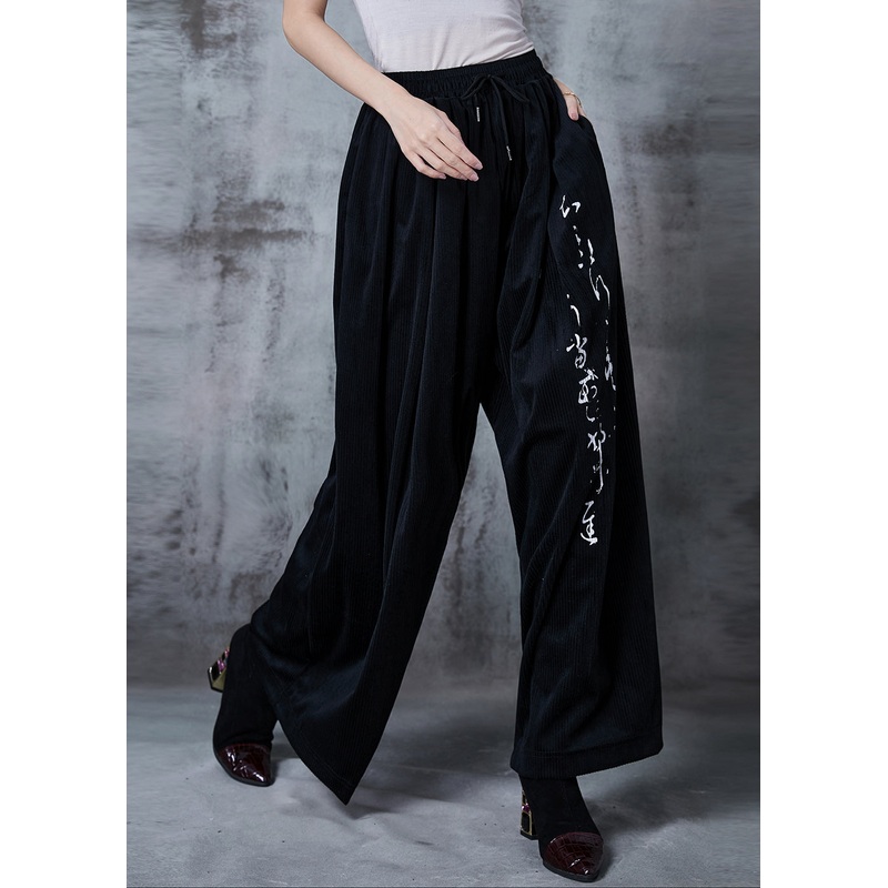 Art Black Oversized Print Corduroy Straight Pants Fall