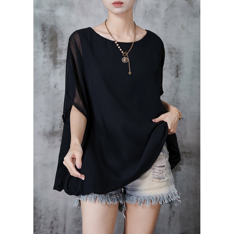 Black Chiffon Tank Tops Oversized Batwing Sleeve