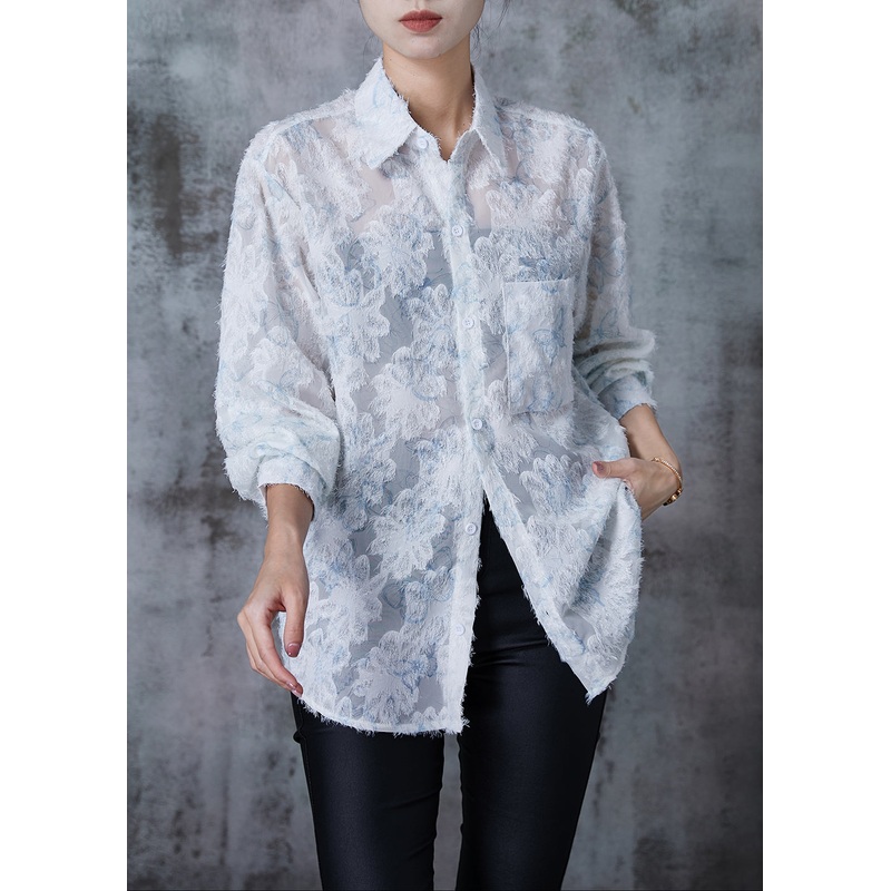 Blue Loose Chiffon UPF 50+ Top Spring