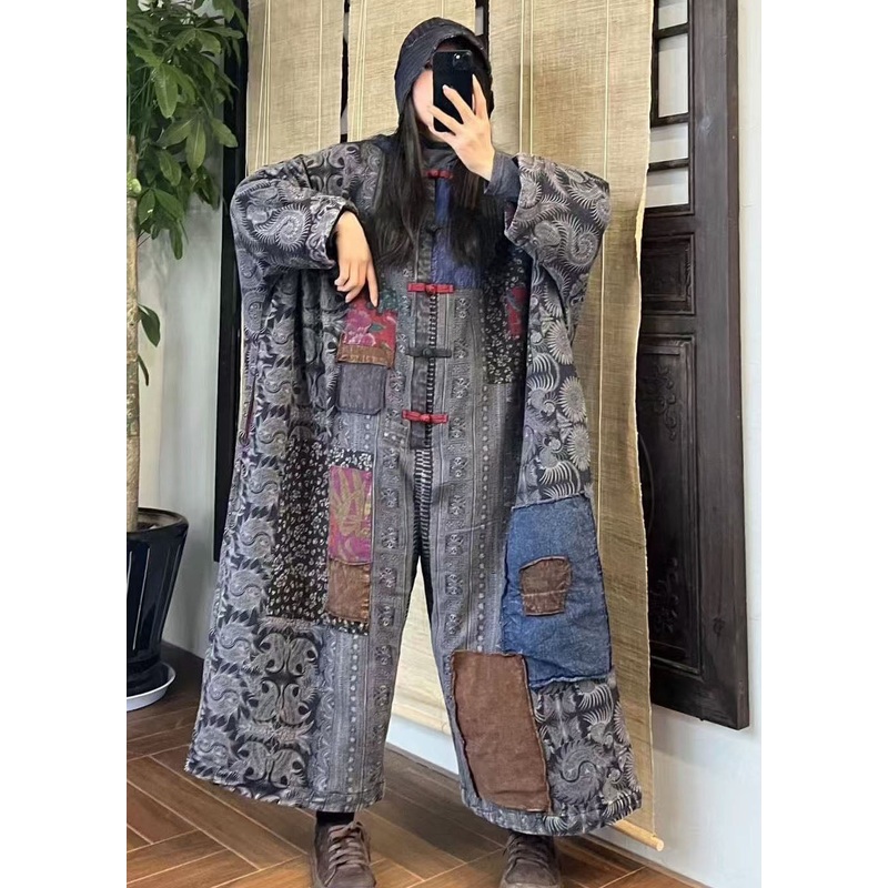 Bohemian Blue Oriental Button Patchwork Fine Cotton Filled Jumpsuits Winter