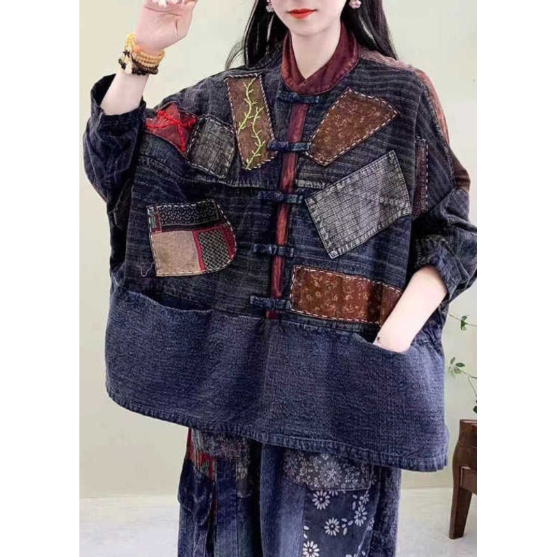 Bohemian Blue Patch Pockets Oriental Button Cotton Jackets Spring