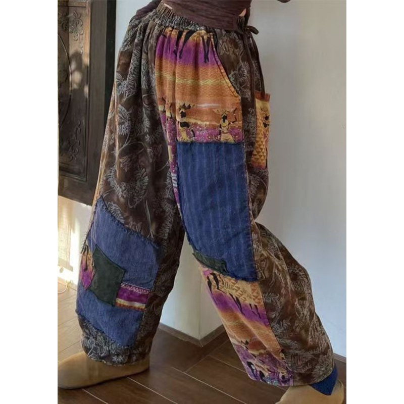 Bohemian Colorblock Pockets Patchwork Fine Cotton Filled Pants Winter