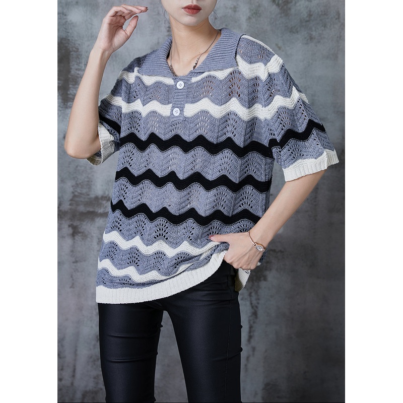 Boho Grey Striped Hollow Out Knit Top Summer