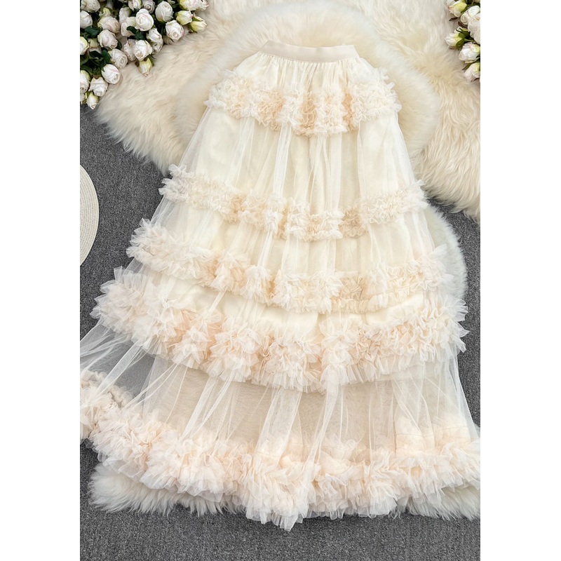 Brief Apricot Ruffled Patchwork Elastic Waist Tulle Cake Skirt Spring