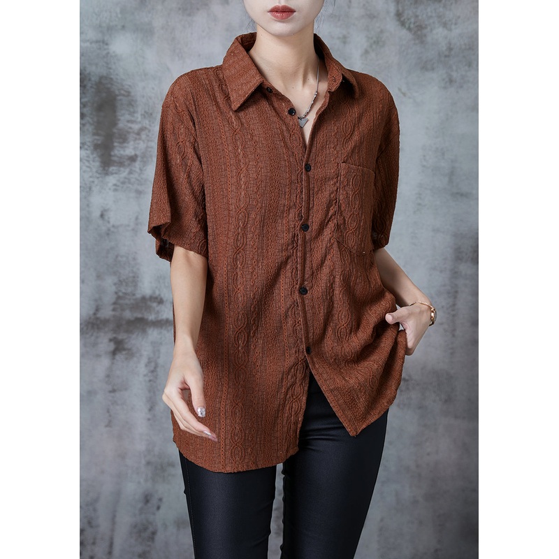 Caramel Hollow Out Cotton Shirt Top Embroidered Summer