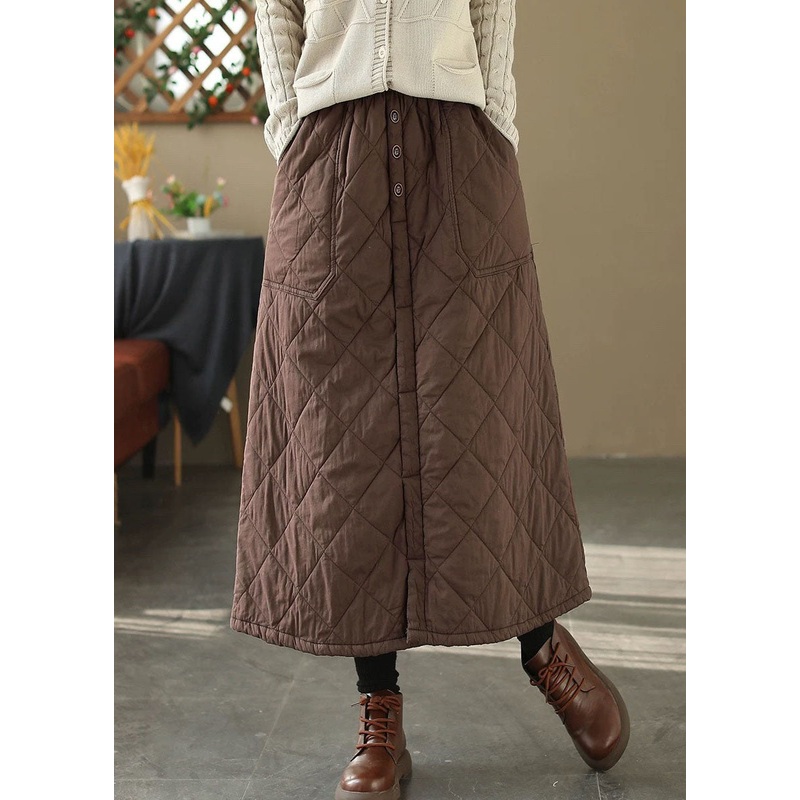 Casual Coffee Pockets Elastic Waist Fine Cotton Filled Skirt Winter