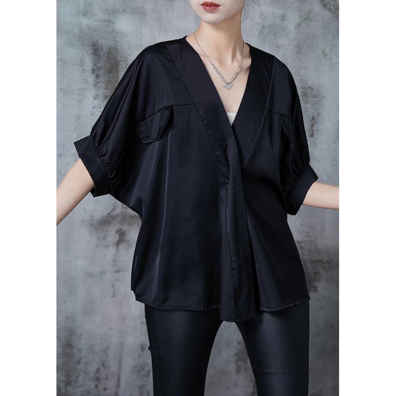 Chic Black V Neck Patchwork Silk Shirt Top Summer
