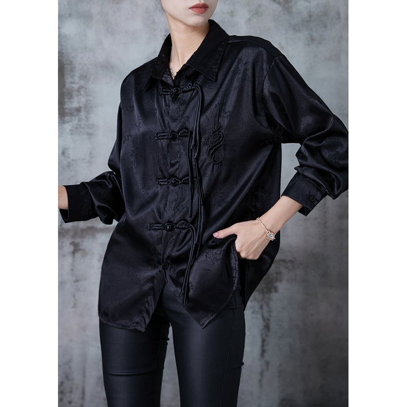 Chinese Style Black Oversized Jacquard Silk Shirt Tops Spring