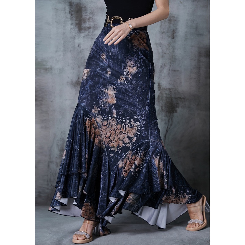Elegant Black Asymmetrical Patchwork Print Wraped Skirts Fall