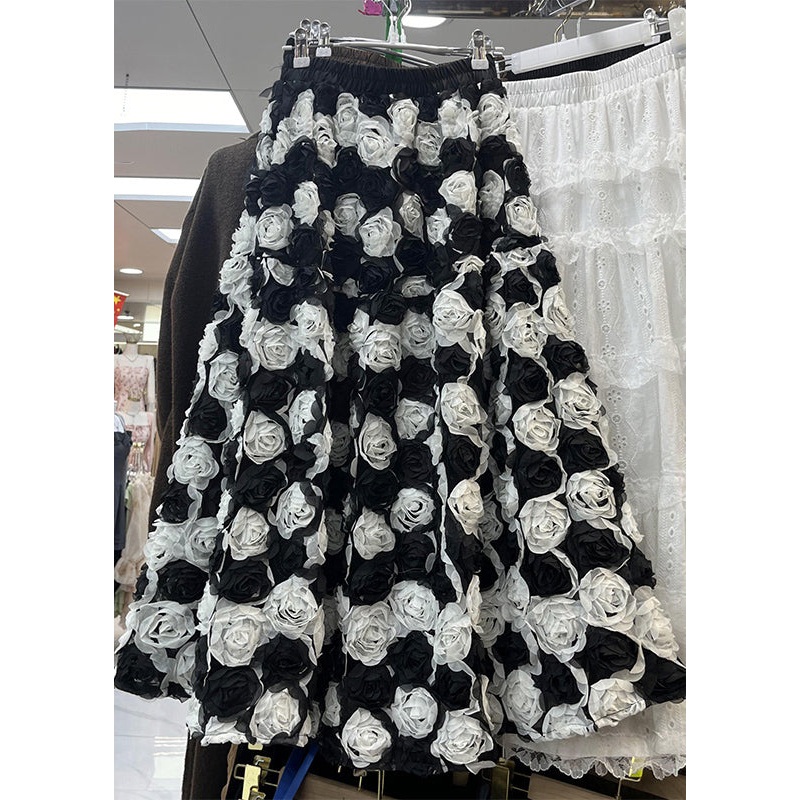 Plus Size Black High Waist Floral Tulle Maxi Skirt Spring
