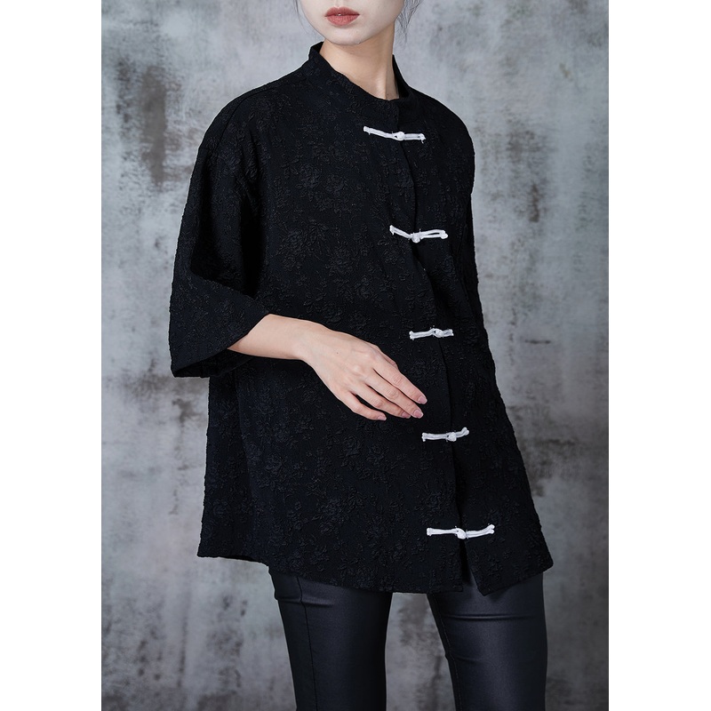 Vintage Black Jacquard Loose Silk Shirt Top Chinese Button Summer