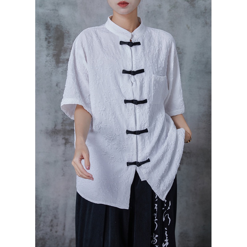 Vintage White Jacquard Chinese Button Cotton Shirts Summer
