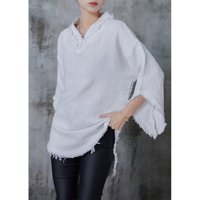 White Cotton Top V Neck Tasseled Flare Sleeve