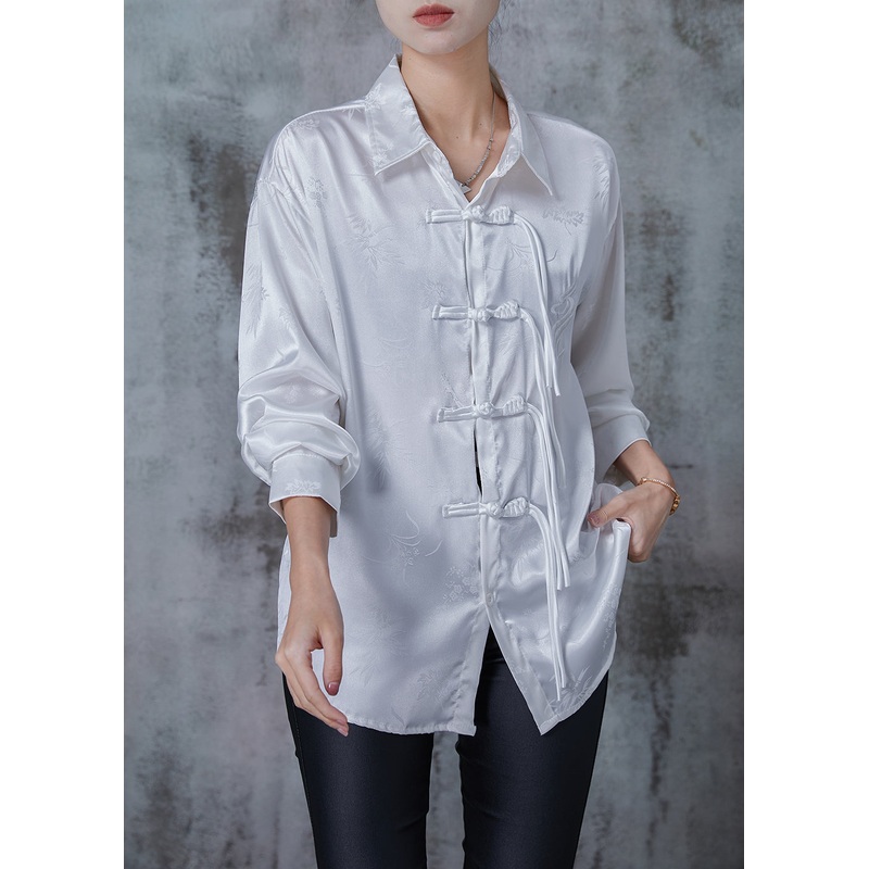 White Draping Silk Shirts Tasseled Chinese Button Spring
