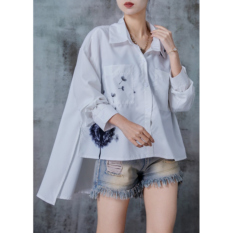 White Print Cotton Loose Shirt Top Low High Design Spring