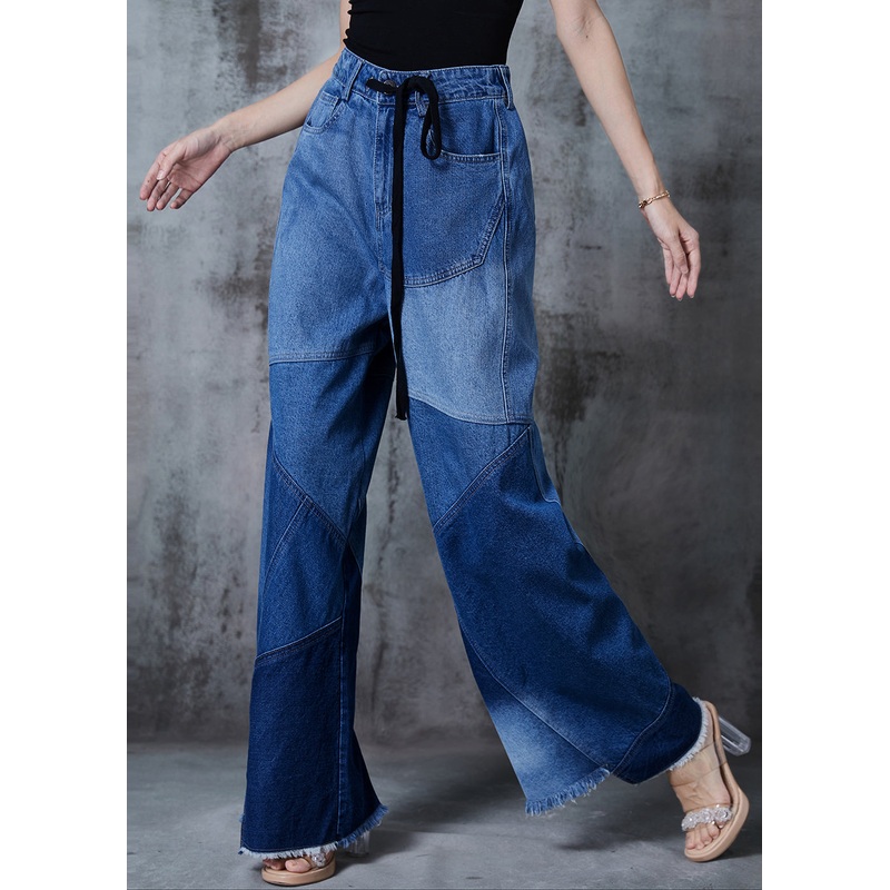 Women Blue Asymmetrical Patchwork Denim Pants Fall