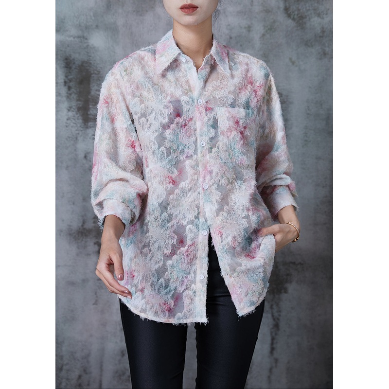 Women Pink Eyelash Chiffon Shirt Spring