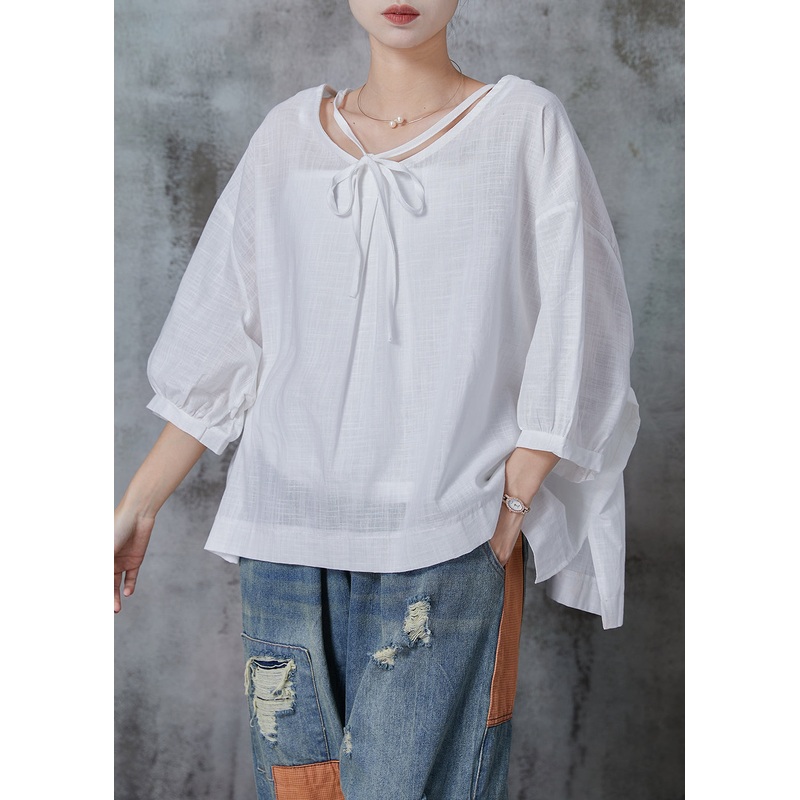 Women White Oversized Cotton Shirt Tops Bracelet Sleeve