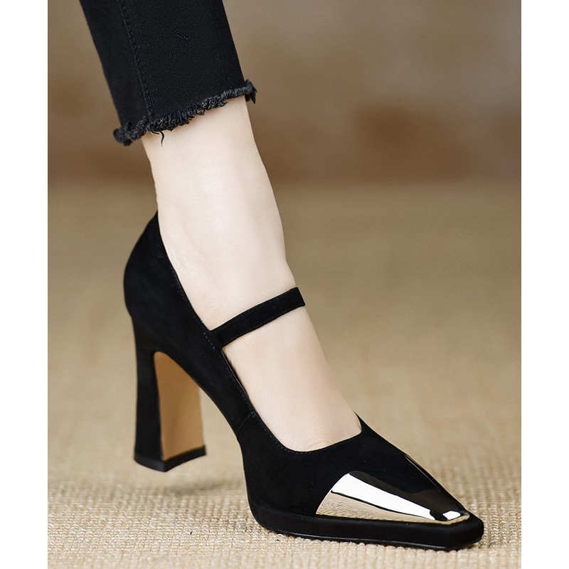 2025 Sequined Splicing Chunky High Heels Black Suede