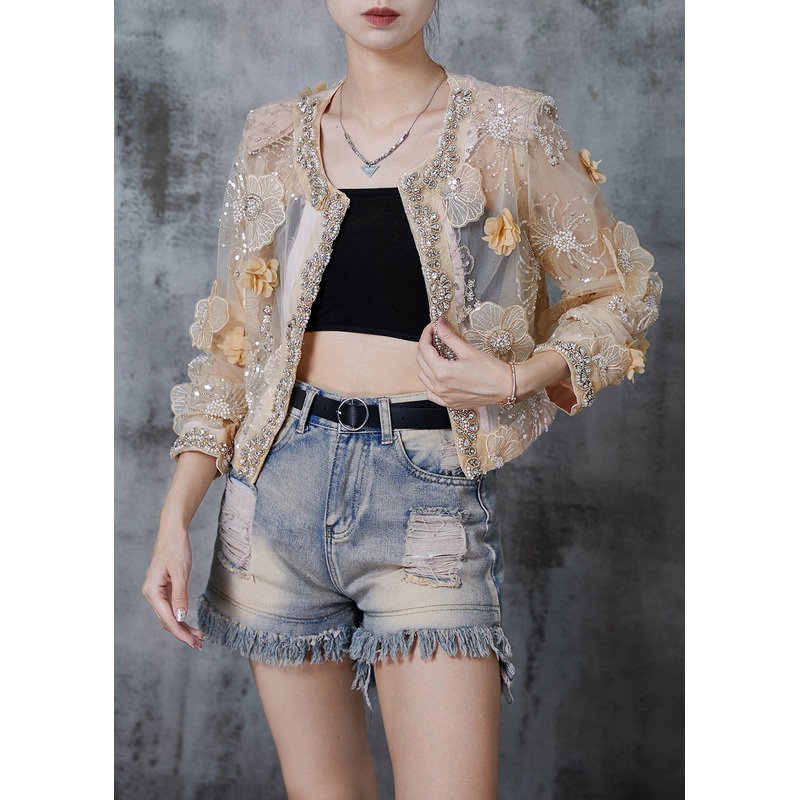 Apricot Floral Organza UPF 50+ Cardigan Sequins Rhinestone Summer