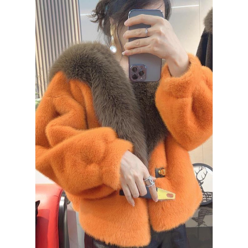 Beautiful Orange Fur Collar Leather And Fur Coats Winter